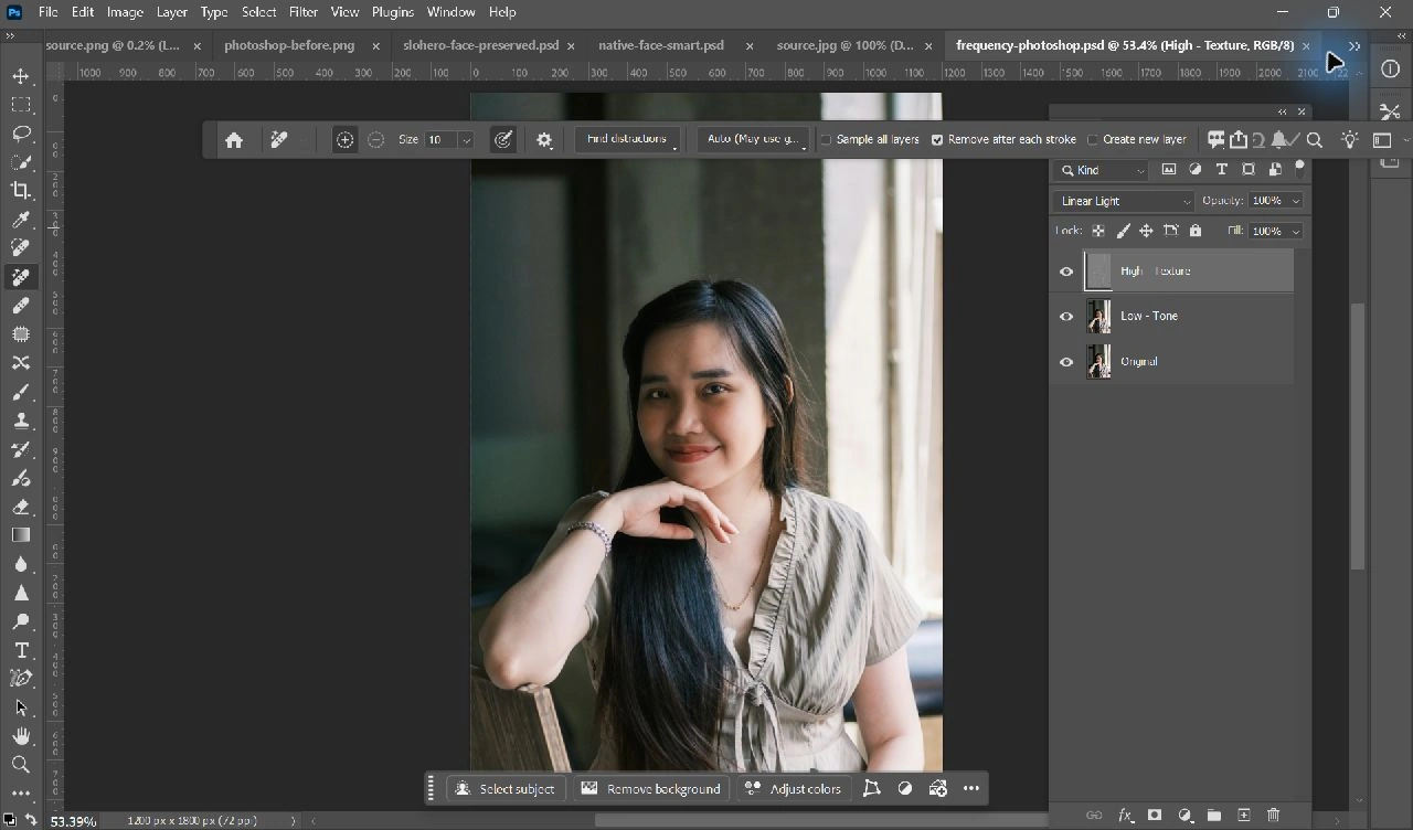 Adobe Photoshop에서 주파수 분리 · Linear Light 레이어 구성 옵션창을 열고 편집 중인 실제 화면