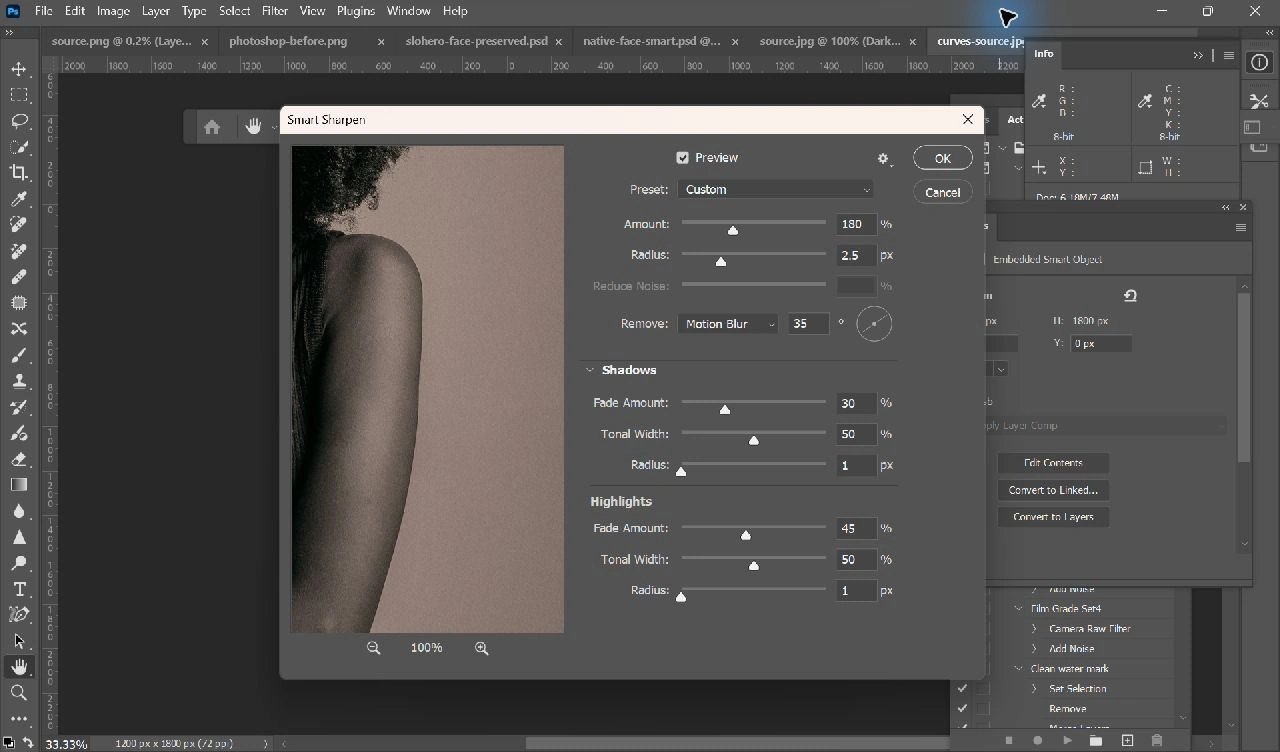 Adobe Photoshop에서 Smart Sharpen · Motion Blur 옵션창을 열고 편집 중인 실제 화면